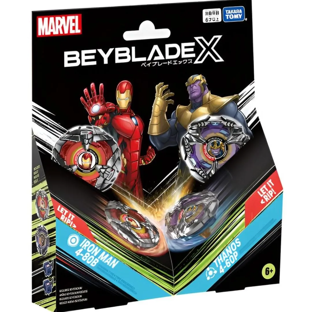 Emballage carton, Beyblade X Marvel, Iron Man Beyblade, Thanos Beyblade, BX-00 Iron Man Emballage carton, Beyblade X Marvel, Iron Man Beyblade, Thanos Beyblade, BX-00 Iron Man