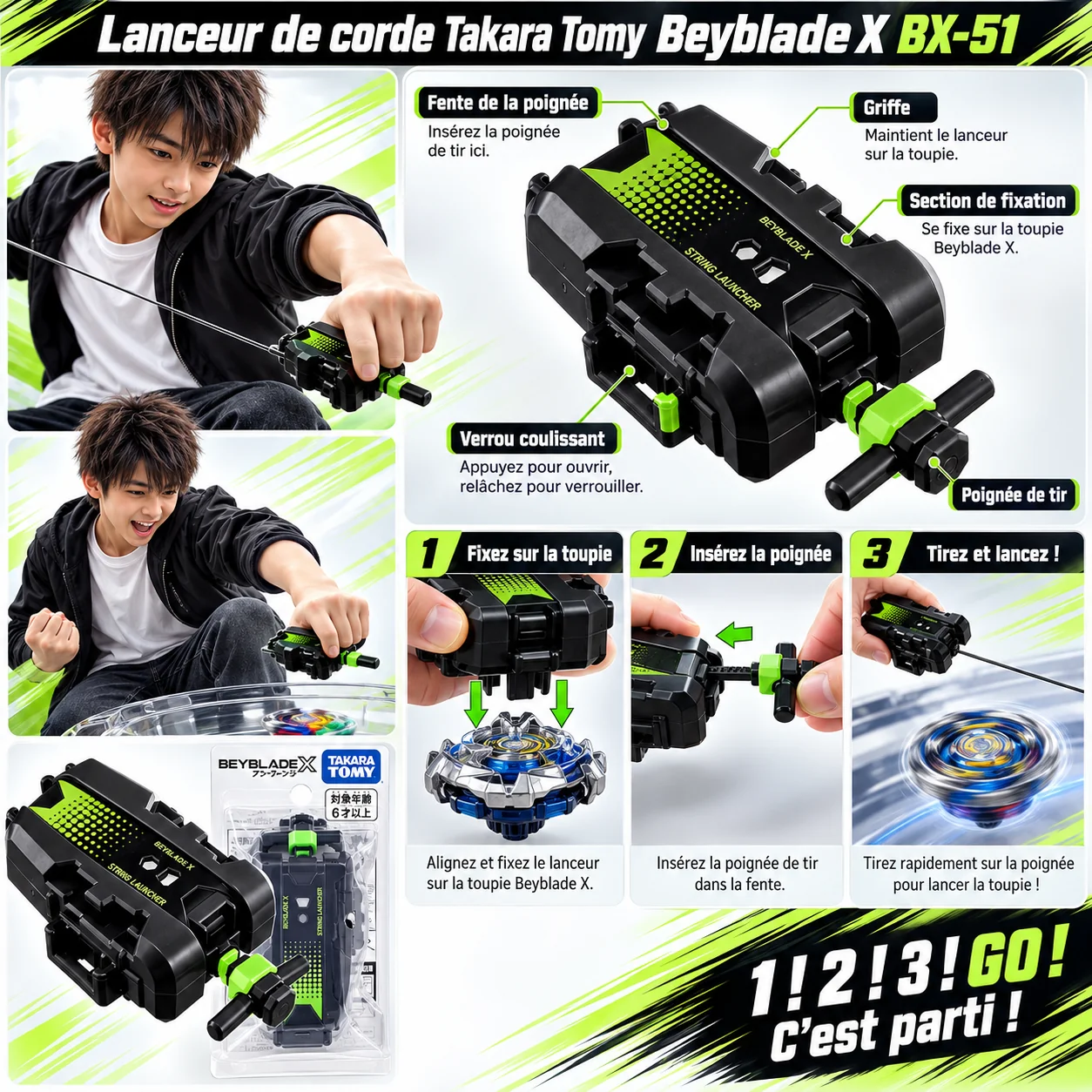 Infographie carrée du lanceur de corde Takara Tomy Beyblade X BX-51 en noir et vert, avec un adolescent japonais utilisant le lanceur, schémas explicatifs des pièces, étapes de lancement et présentation du produit avec emballage officiel.